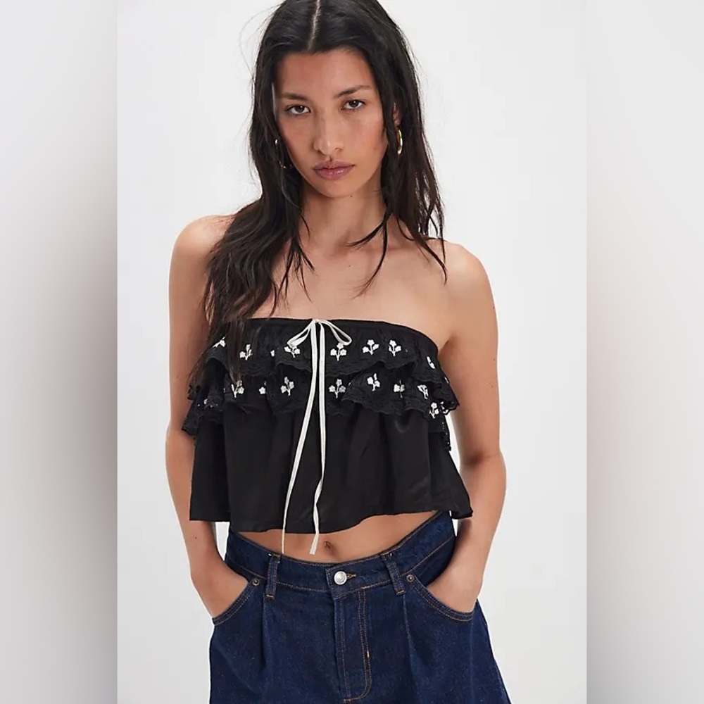 New Free People Black Cream Tailia Embroidered Tube Top Shirt Blouse XS